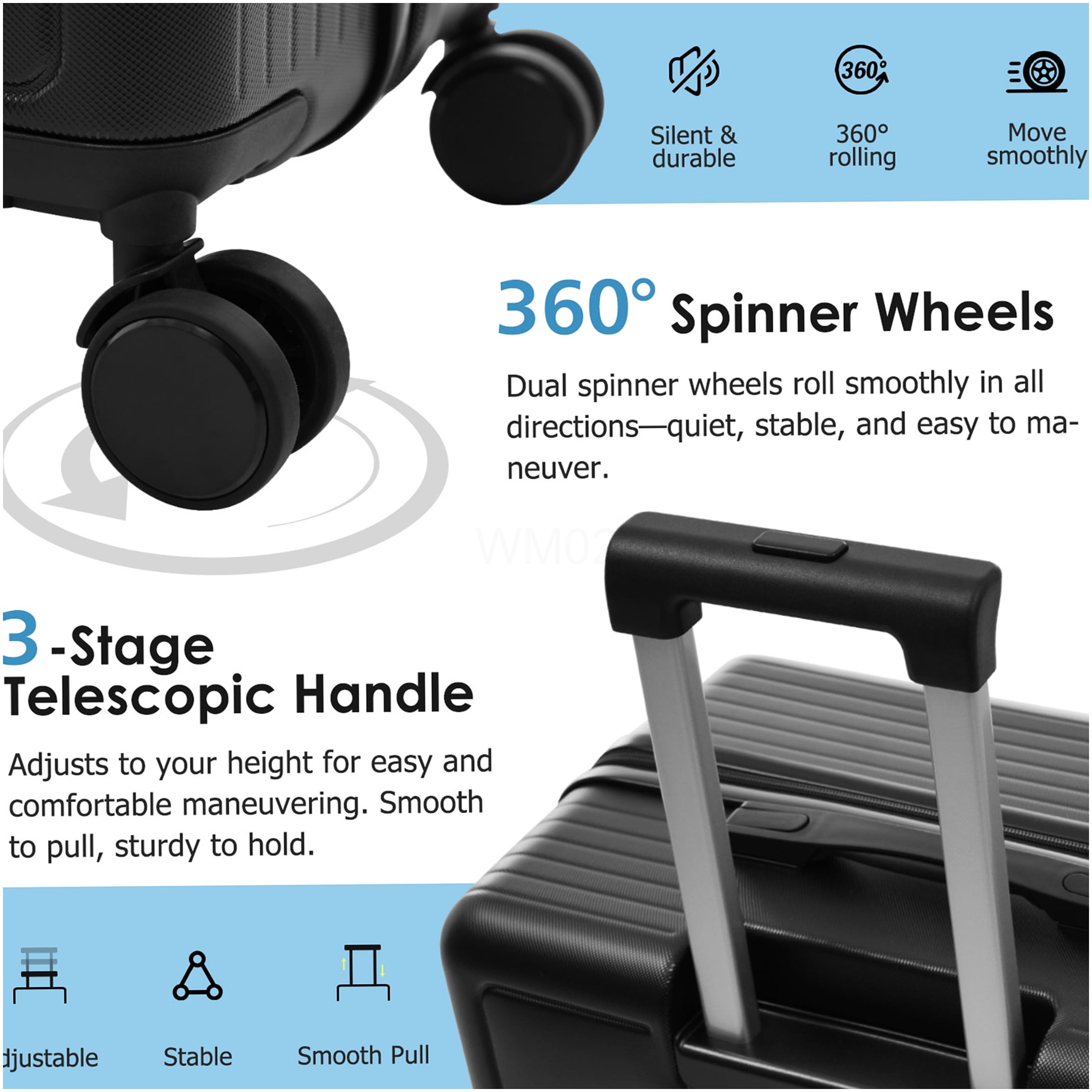 3-Piece ABS Hardside Luggage Set with Spinner Wheels, TSA Lock, Lightweight Suitcases for Travel (20/24/28 Inch) Black