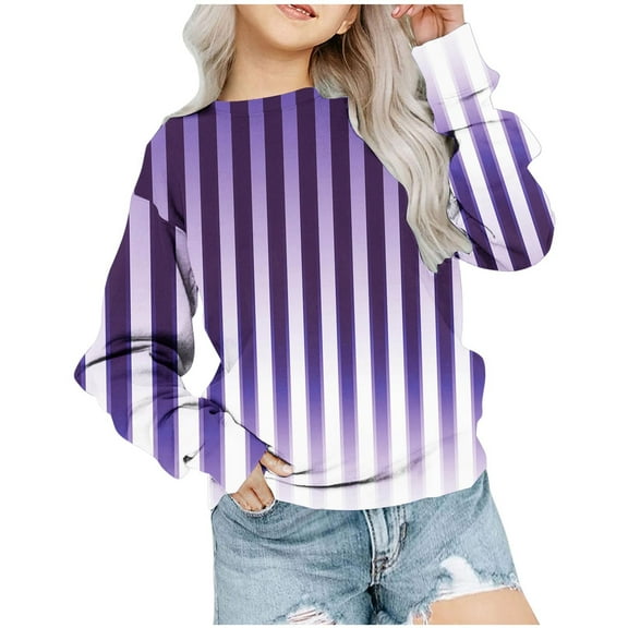 Zwiiyzr Boys and Girls Sweashirt Long Sleeve T-Shirt Stripe Printed Round Neck Pullover Tops Aged 1-12 Years Purple
