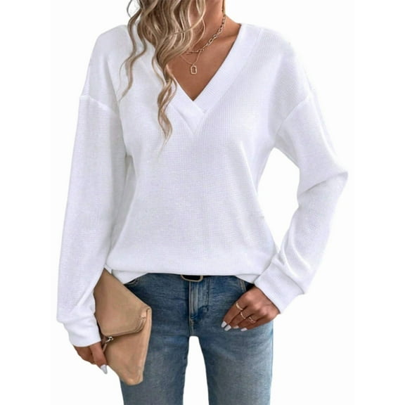 Womens Waffle Knit Tops Fashion Long Lantern Sleeve Casual Blouses V Neck Oversized T Shirts White XXL