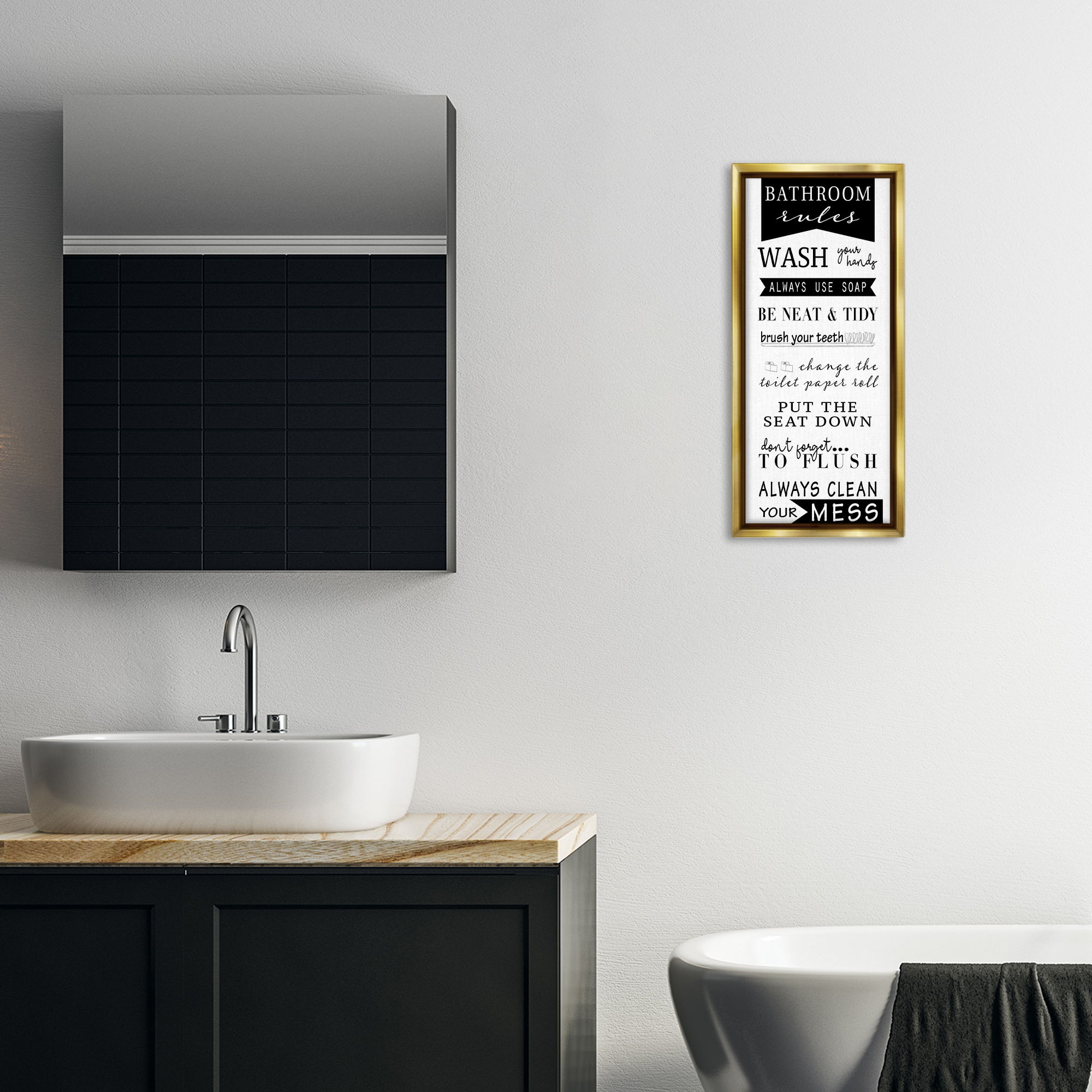 Stupell Industries Black Bathroom Rules Typography Painting Gold Floater Framed Canvas Art Print Wall Art, 11 x 25