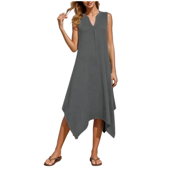 Admvng Womens Dress V Neck Sleeveless Asymmetrical Hem Summer Comfy Dress