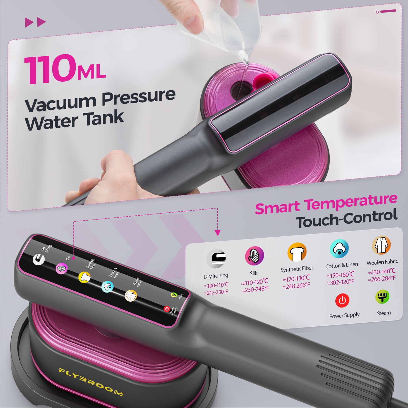 HOUGEET Products Handheld Garment Steamer, 1200W Clothes Steamer ＆ Iron 2 in 1, 13s Heat up Steam Iron LED Touch Display with 5 Modes Home Purple