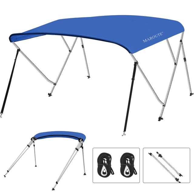3 Bow Bimini Top for Boat, 6 ft L x 46 in H Boat Canopy with 2 Removable Side Curtains, 4 Adjustable Windproof Ropes, Marine Grade Canvas, Aluminum Frame, Widths 54 to 90 in, Royal Blue or Light Gray