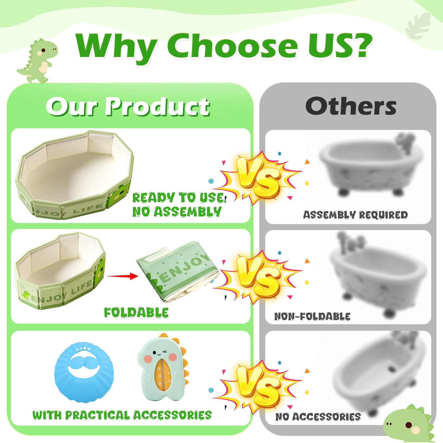 Wonderstone Portable Foldable Bathtub, Collapsible Baby Shower Tub with Drainage Design, Beach Vacation Travel Essentials for 1-3 Kids Toddler (Green)