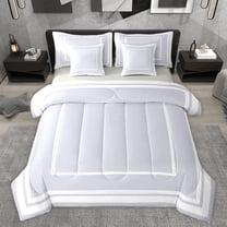 jejeloiu Light Gray White 7-Piece Twin Bedding Sets,Abstract Geometric Suqare Box Bedding Comforter Set,Stripe Line Print Sheet Sets For Teens,Microfiber Bedroom Decor Reversible