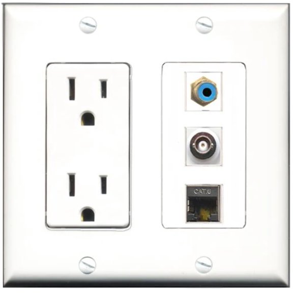 RiteAV - 15 Amp Power Outlet 1 Port RCA Blue 1 Port Shielded Cat6 Ethernet Ethernet 1 Port BNC Decorative Wall Plate