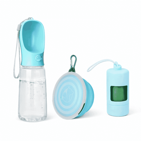 Portable Dog Water Bottle, Collapsible Bowl and Poop Bag Dispenser Set, Dog Walking Travel Essentials, 3 Pc