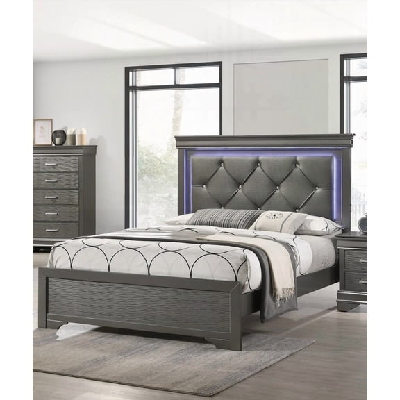 Modern Gray Faux Leather Headboard with LED & SOLID WOOD FB