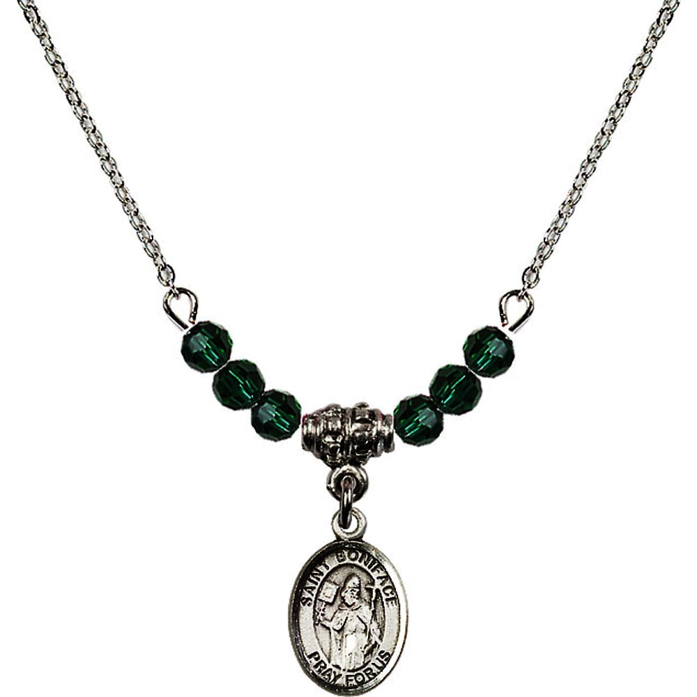 Bonyak Jewelry 18 Inch Rhodium Plated Necklace w// 4mm White April Birth Month Stone Beads and Saint Olivia Charm