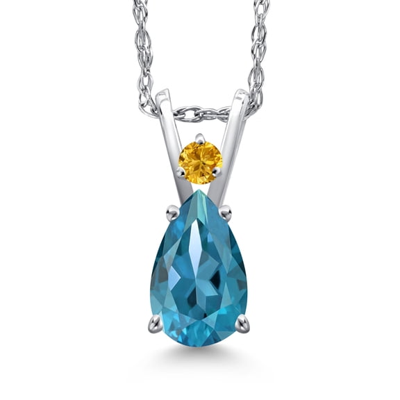 Gem Stone King 14K White Gold London Blue Topaz and Yellow Created Sapphire Pendant Necklace for Women | 0.82 Cttw | Gemstone November Birthstone | Pear Shape 7X5MM | With 18 inch Chain