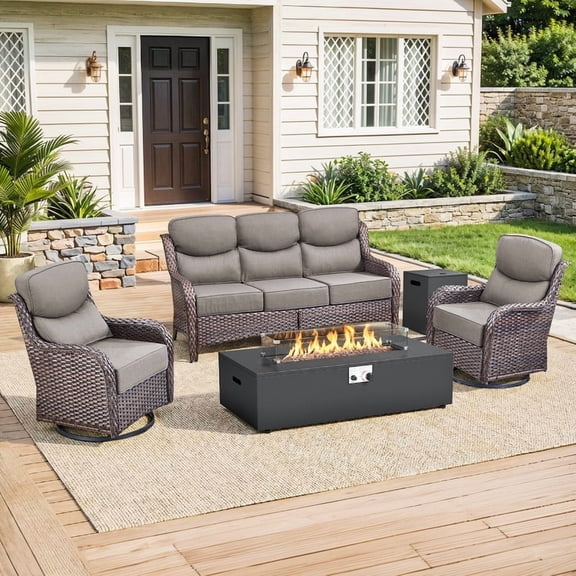 PARKWELL Patio High-Back Furniture Set with Fire Pit Table, Outdoor Luxury Oversized Sectional Swivel Rocker Chairs Sets, Wicker Conversation Set for Porch, Balcony, Deck, Brown/Gray