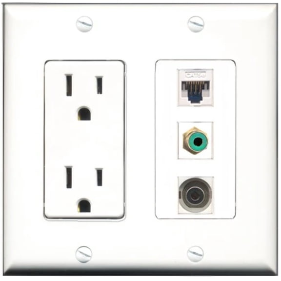 RiteAV - 15 Amp Power Outlet 1 Port RCA Green 1 Port 3.5mm 1 Port Cat5e Ethernet White Decorative Wall Plate