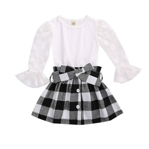 Vêtements pour Bébé Fille T-shirt en Dentelle et Maille Hauts Robe Mini à Carreaux Jupe Ensembles 1-6a