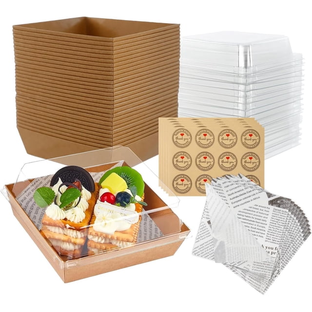 Cajas de Papel para Postres con Tapa Transparente, Recipientes Cuadrados Desechables con Papel a Prueba de Grasa y Calcomanías
