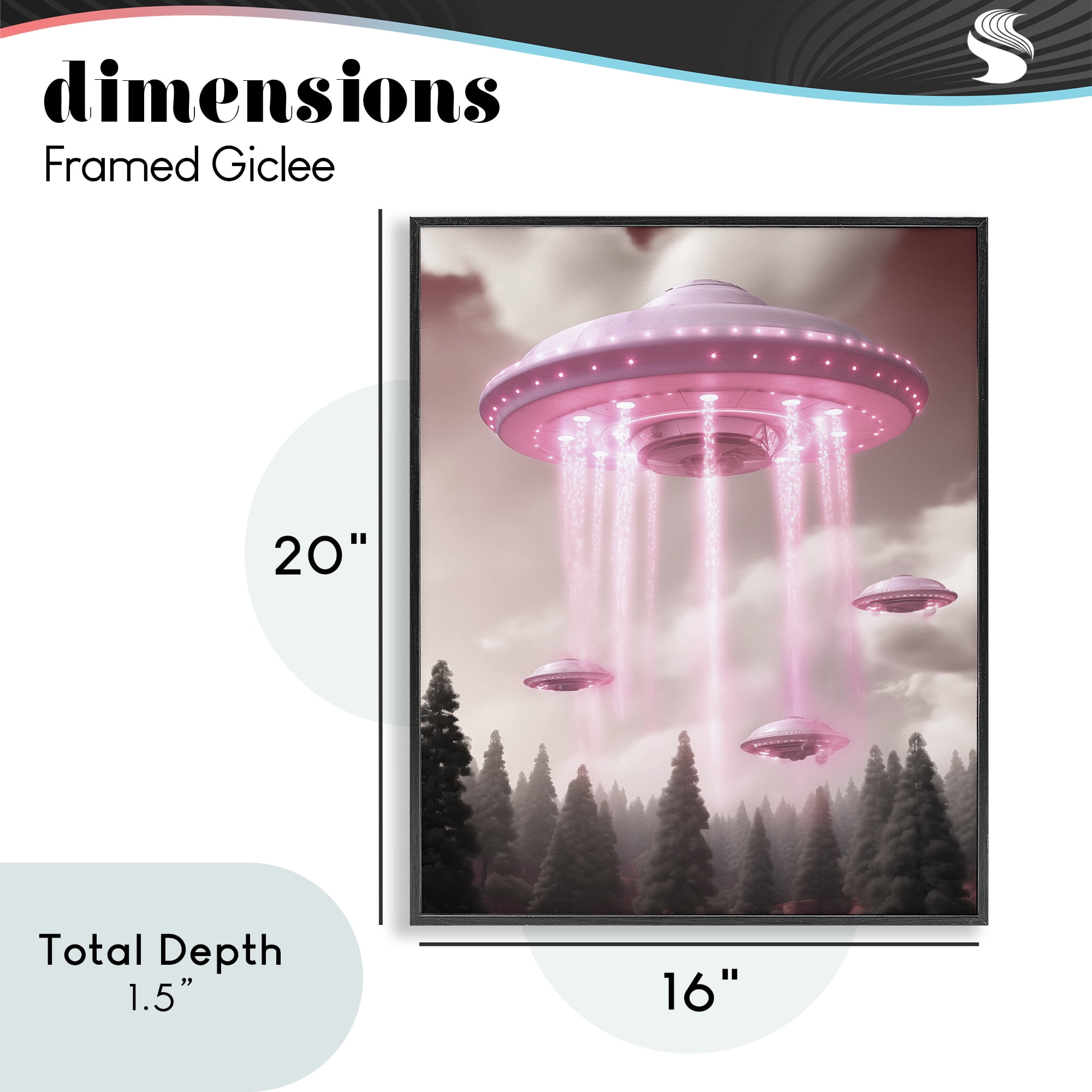 Glam UFO with Pink Beams Black Framed Giclee Art, design by Sasha