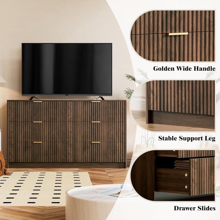 walnut and gold dresser Charlton Home Mid Century Modern Drawer Dresser, 6 Drawer Fluted Dresser With Solid Wood Legs, Gold Handles & Curved Edges Design For Entryways,