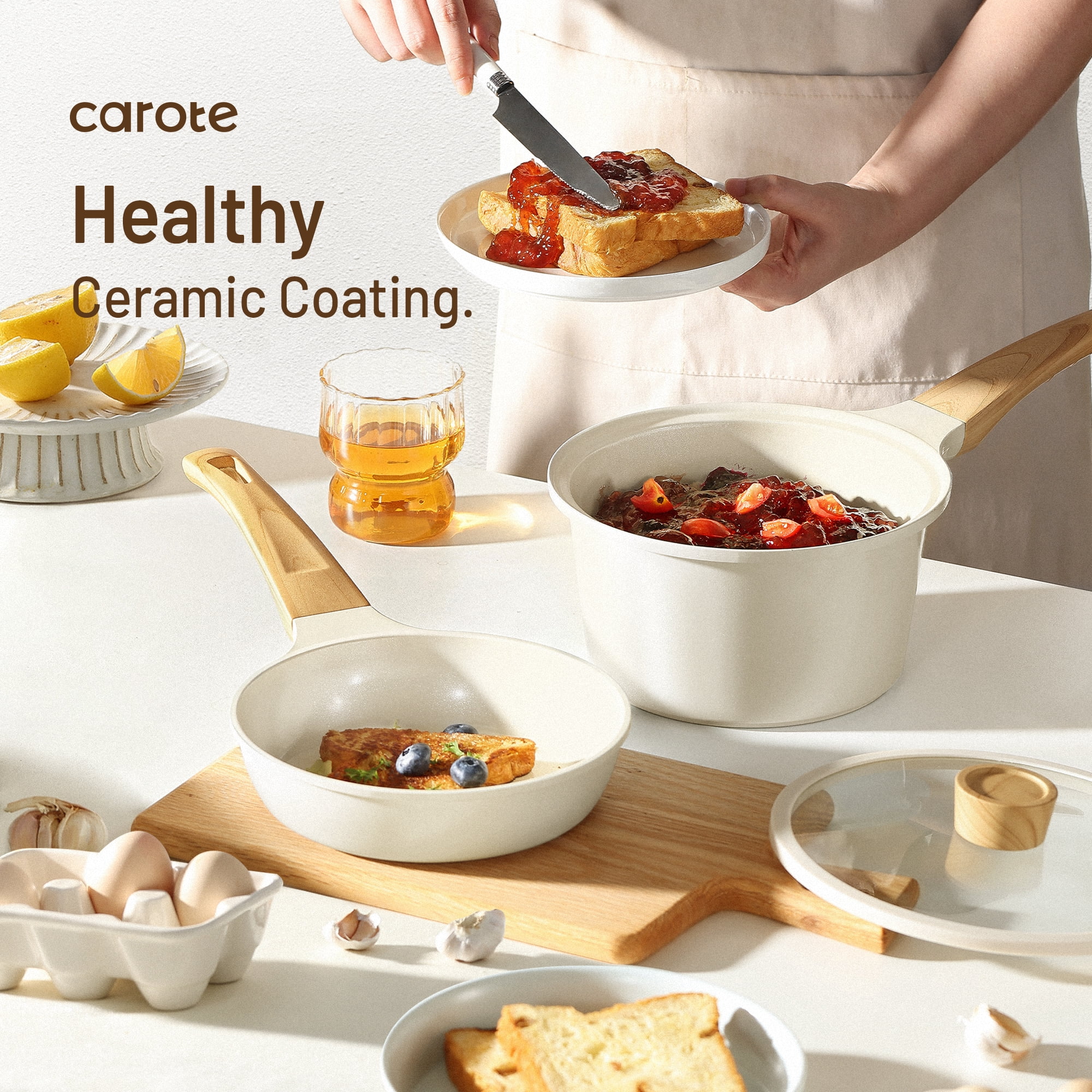 Carote 6pcs Ceramic Cookware Sets, Induction Pots and Pans, Non Stick Pots Sets, White