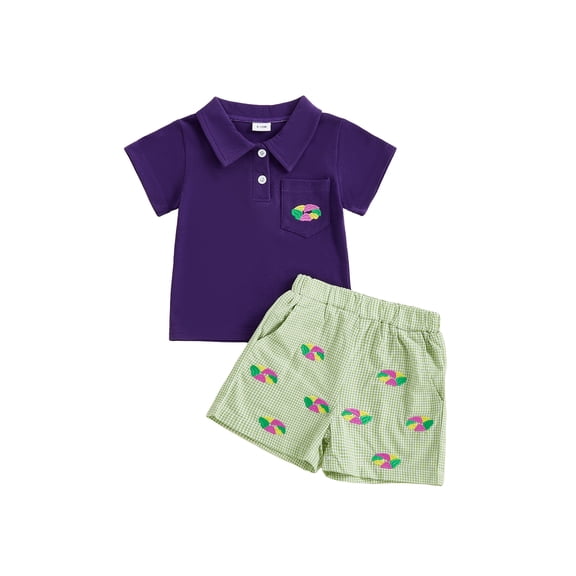BemeyourBBs Toddler Baby Mardi Gras Outfits Spring Summer Clothes Infant 2 Pieces Outfit Facewear Embroidery Short Sleeve Tops with Plaid Shorts Cute Clothing Set