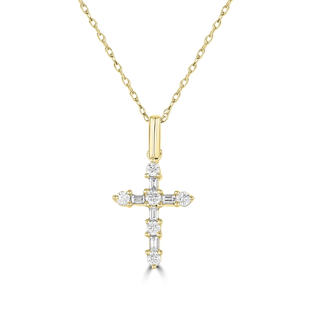 Saris and Things - 14K Yellow Gold Round and Baguette Diamond Cross ...