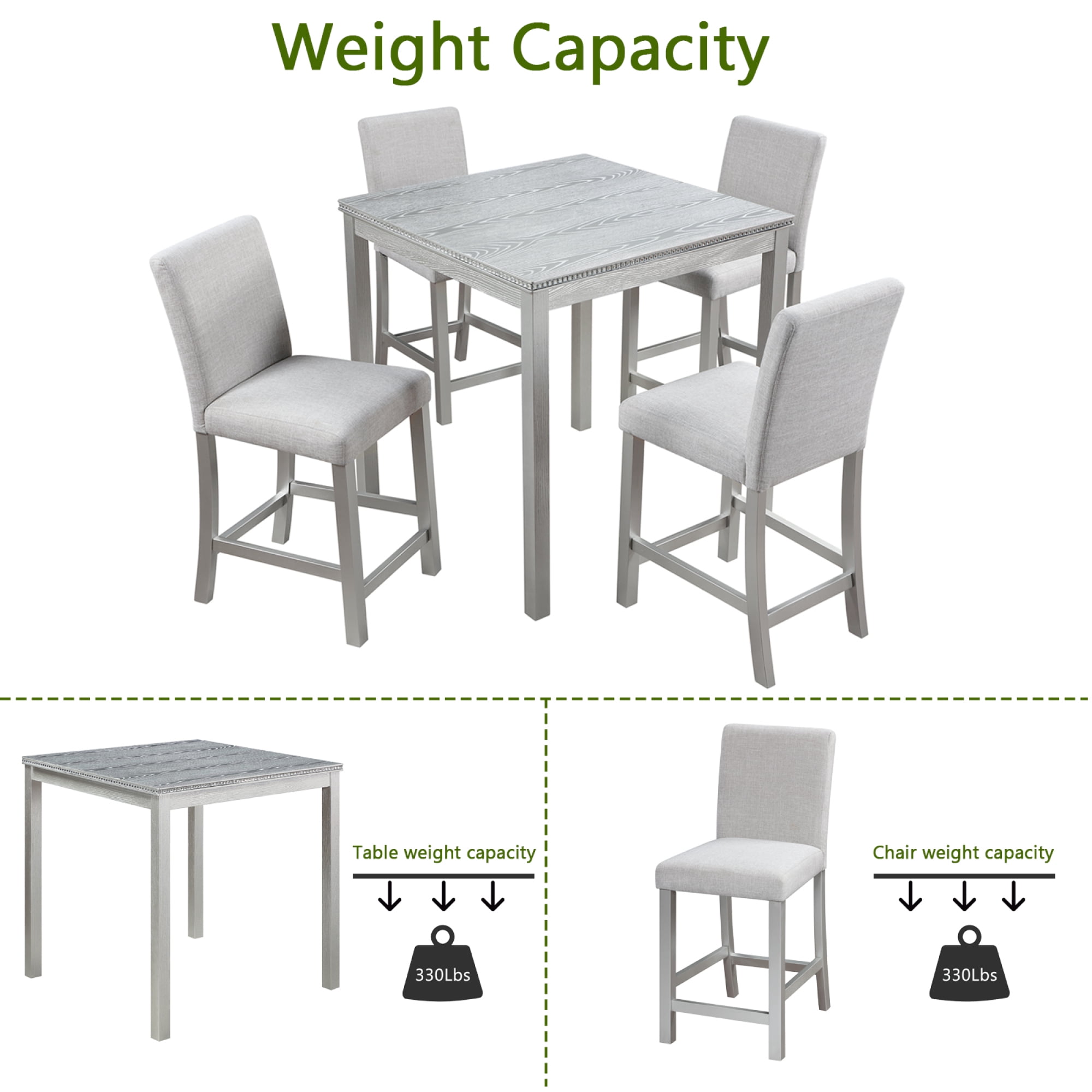 Leumius 5 Pieces Dining Table Set,Counter Height Table Set with Square Table and 4 Upholstered Chairs,Wooden Kitchen Table Set for Kitchen, Dining Room,Beige+Silver Gray
