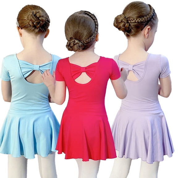 LYMAYTER Girls Toddler Ballerina Leotard Tutu Skirt Short Sleeve Criss-Cross Back Party Wear 3Y-11Y