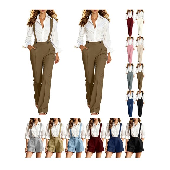 Miluxas Detachable Shoulder Strap Dress Pants for Women Elastic Waist Loose Straight Leg Trousers with Pockets Business Casual Outfis White