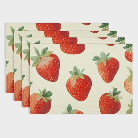 

Pratyus 4pcs Strawberries Linen Table Placemat Set for Birthday Parties Christmas Restaurants Buffets - Home Decoration 18x12in