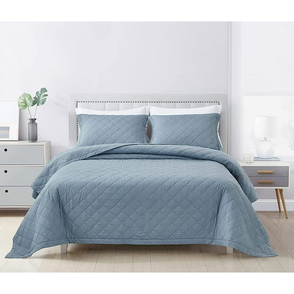 Chezmoi Collection Owen 3-Piece Soft Cooling Bamboo Fiber Quilt Bedspread Diamond Quilted Coverlet Set (Queen, Blue)
