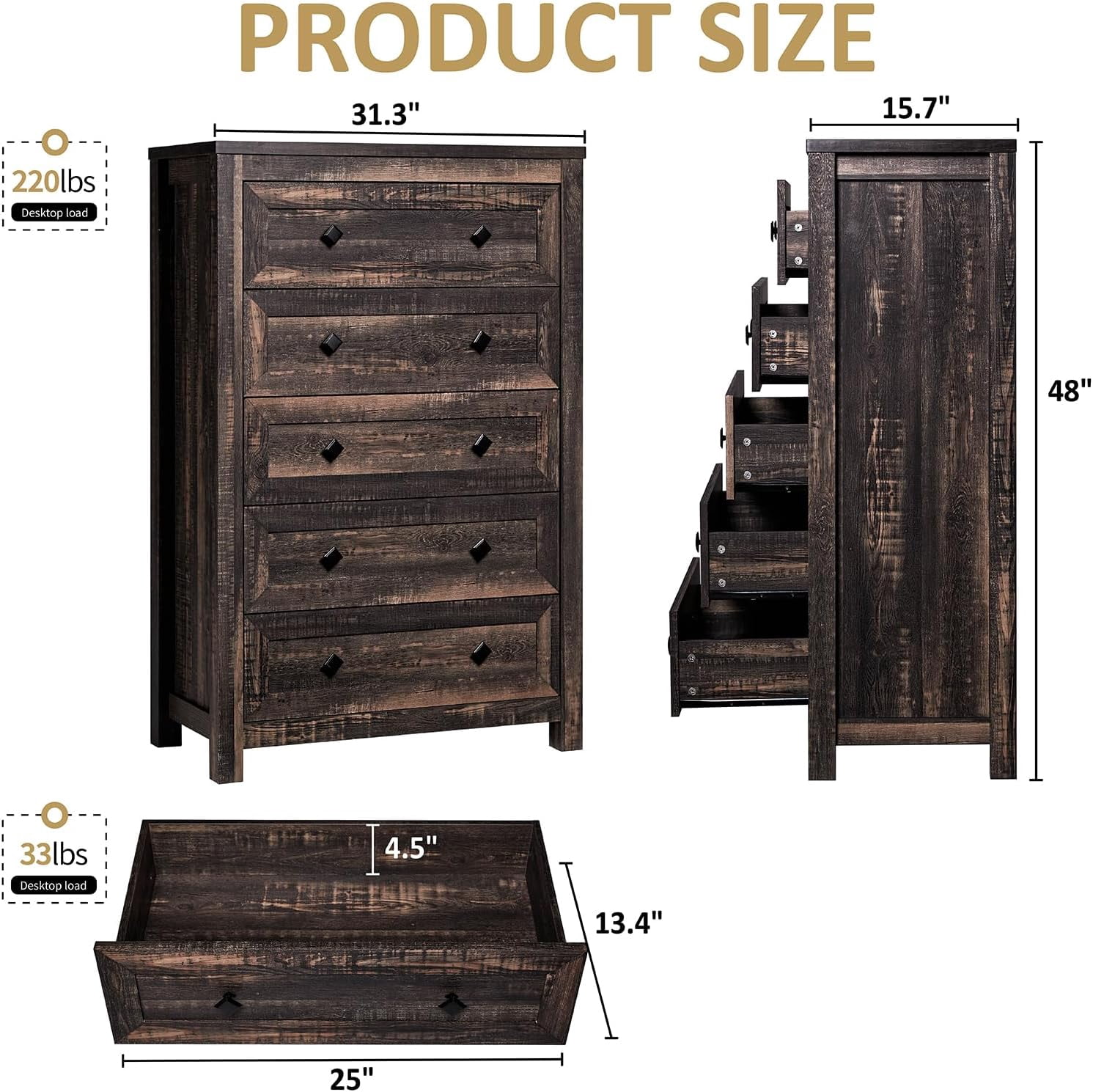 VANACC Farmhouse 5 Drawers Dresser, Wood Chest of Drawers for Bedroom, Living Room, Black Oak