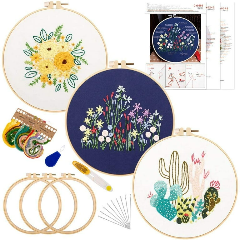 3 Sets Embroidery Kit for Beginners with Embroidery Patterns &  Instructions, Floral Series Cross Stitch Kits, Including 4 Embroidery  Hoops, Colored Threads & Other Tools(Type E) 