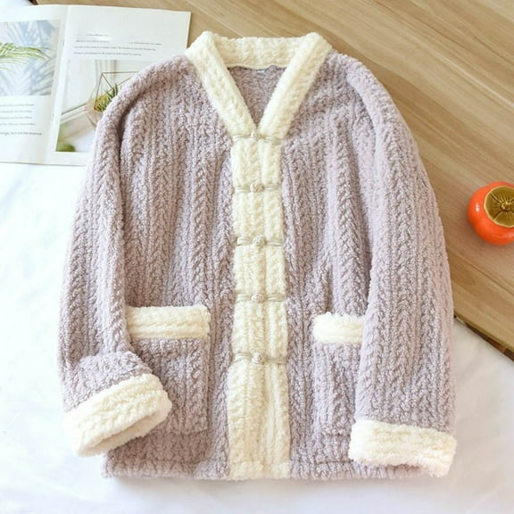 FDGIU Women's Fleece Pajama Jacket‌, Oversized V-Neck Cardigan Coat with Pockets, Cozy Winter Sleepwear & Loungewear