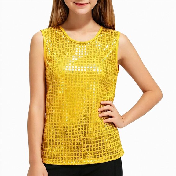 mgoYE Girls Metallic Outfit Crop Top Sleeveless Shirt Sequin Tee Loose Blouse(Yellow,15-18 Years)