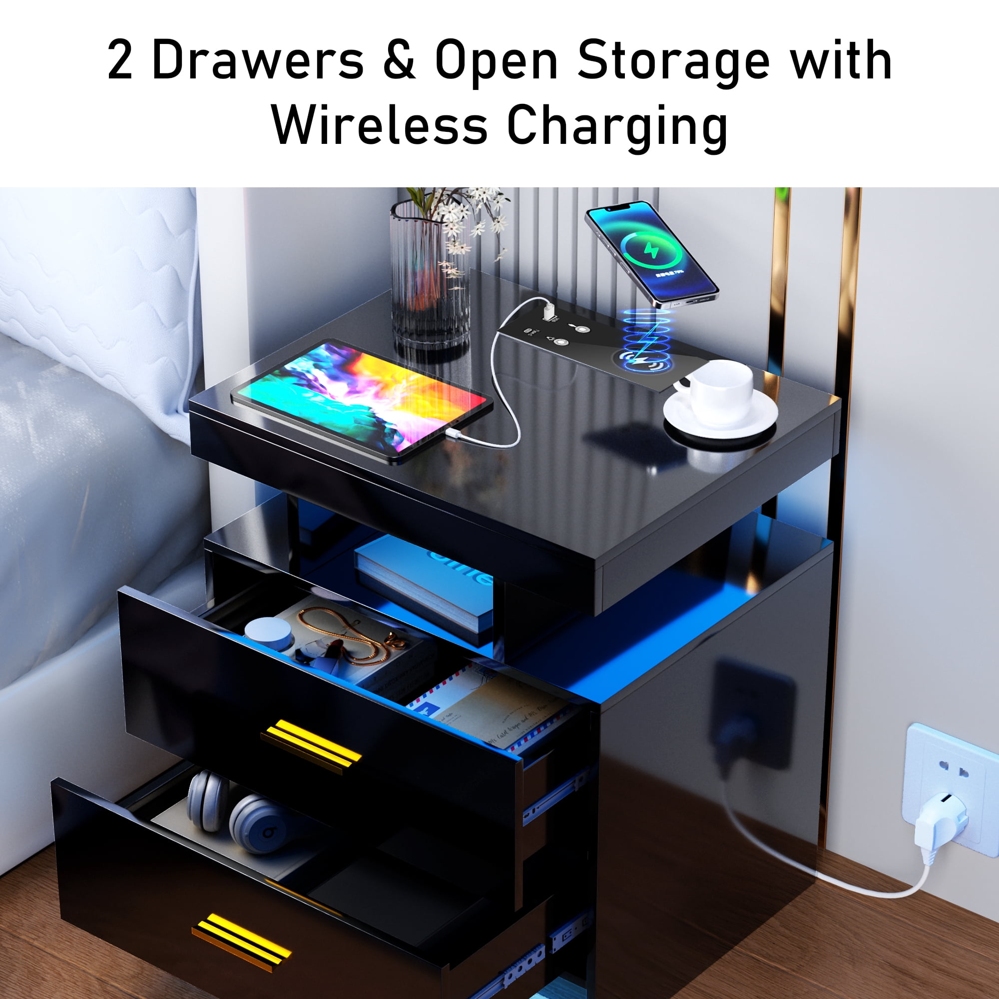 Dalattin LED Night Stand with Charger Station Type C USB Port, End Bedside Table for Bedroom, Black