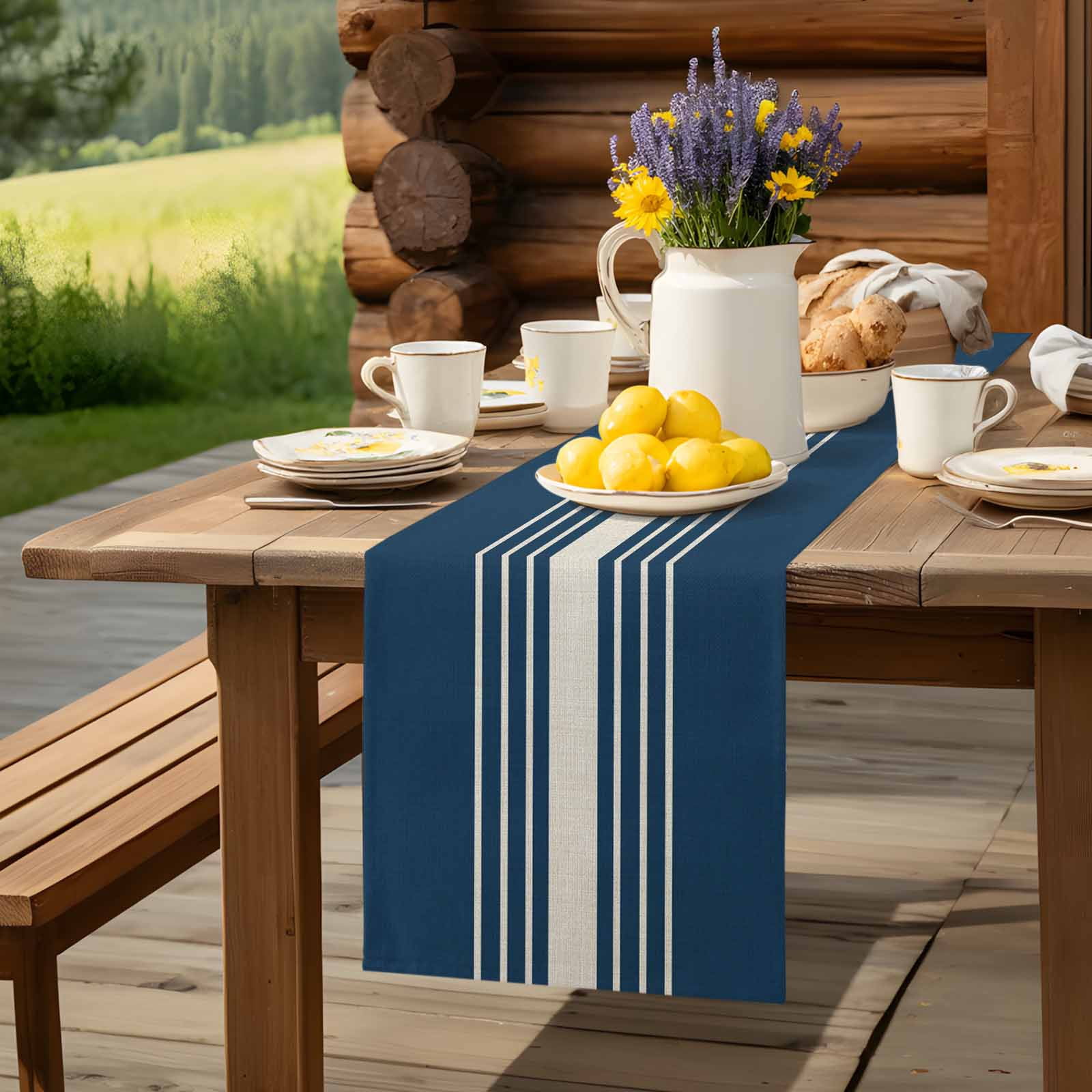 Vintage Linen Stripe on Blue Table Runner 90 Inches Long, Modern Minimalist Art Table Runners Tabletop Scarf Kitchen Dining Tables Decoration for Home Party Indoor Outdoor