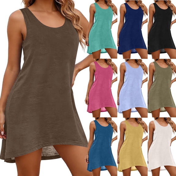 BRGZLK Women's Sleeveless Racerback Swing Dress Summer Casual Solid Color T Shirt Dresses Beach Cover Ups Basic Solid Plain Tank Dress