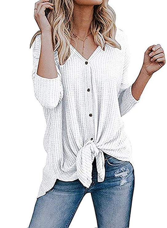 Cute Loose Tunic Fall Batwing Long Sleeve Blouse Kaei/&Shi Waffle Knit Sweater for Women Knot Tie Front Top