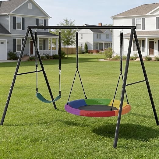 XYADX 440lbs Heavy Duty Metal Frame Set with Stand, Saucer & Belt, Adjustable Height Backyard Outdoor Playground Equipment for Kids