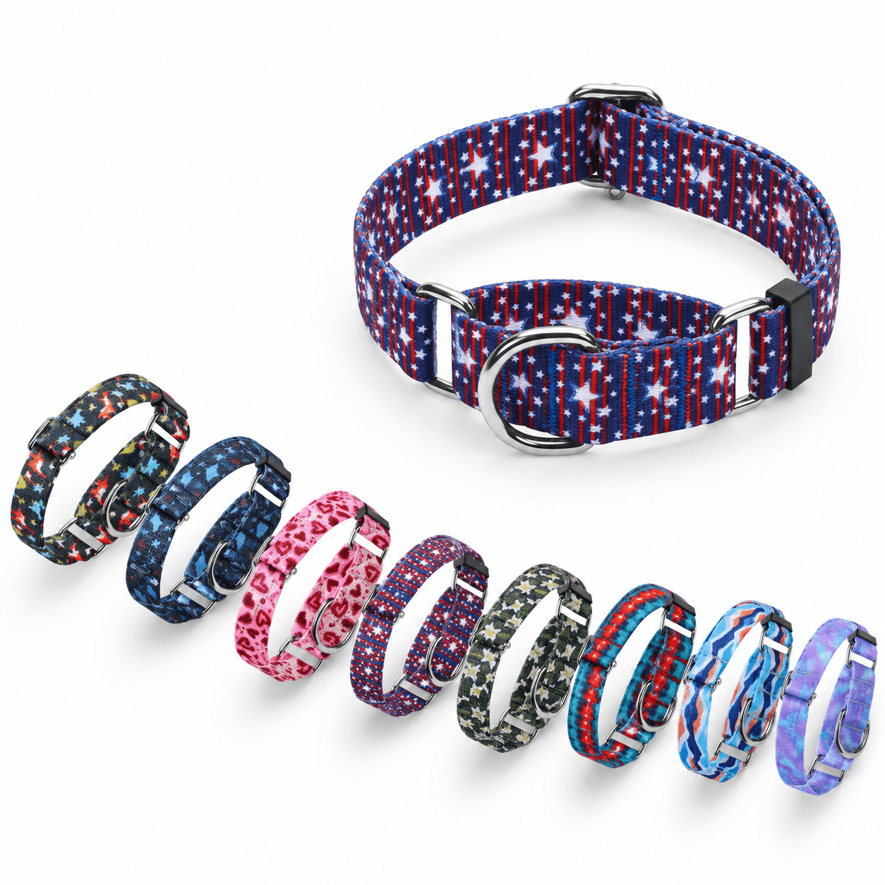 Blue Star Stripe Large Nylon Martingale Dog Collar Escape Proof No Buckle Collar