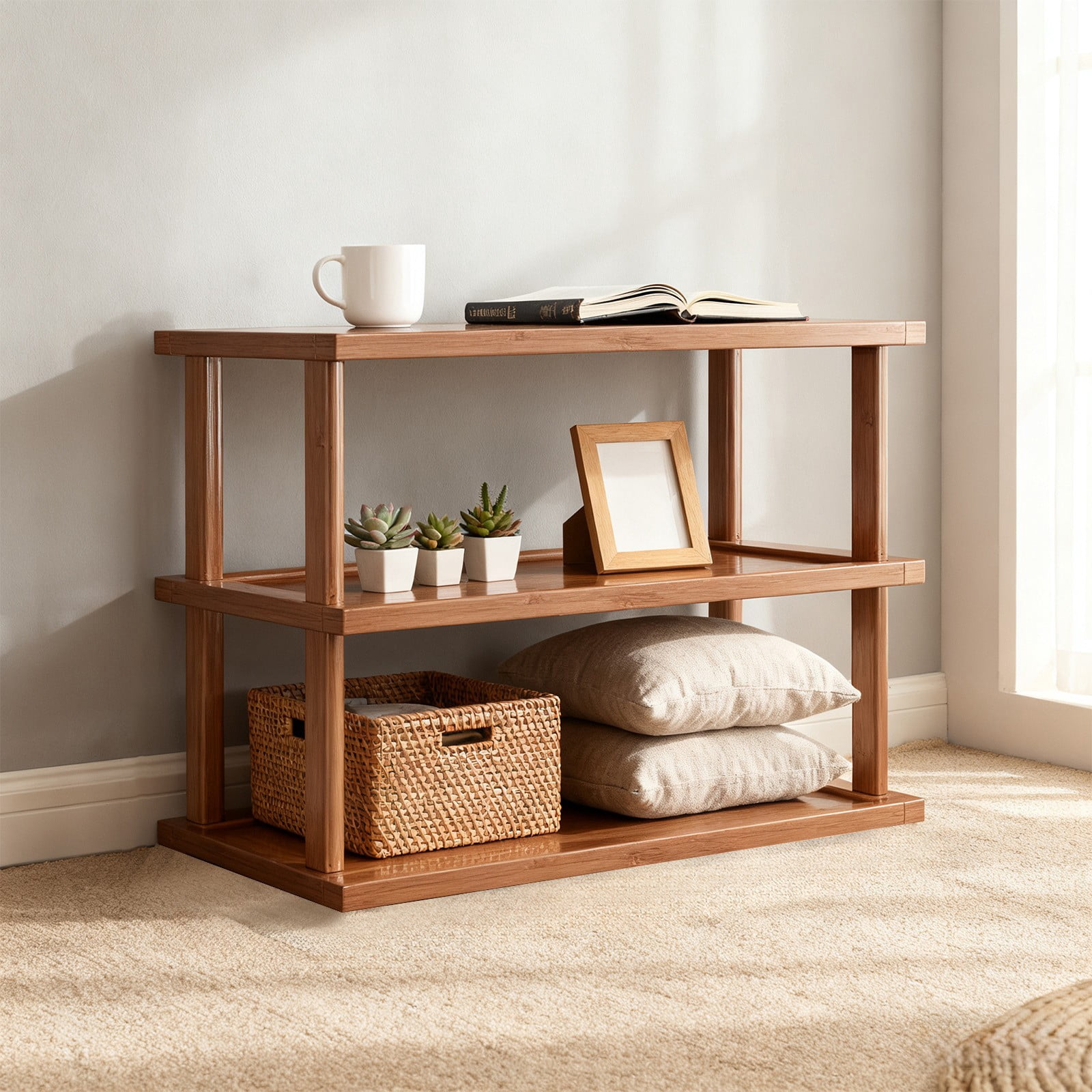 Brown Two Tier Desktop Storage Rack Kitchen Countertop Shelf Multi Layer Water Glass Rack Brown For Office Study Desk 18.89X14.56X9.44 Inches Wood