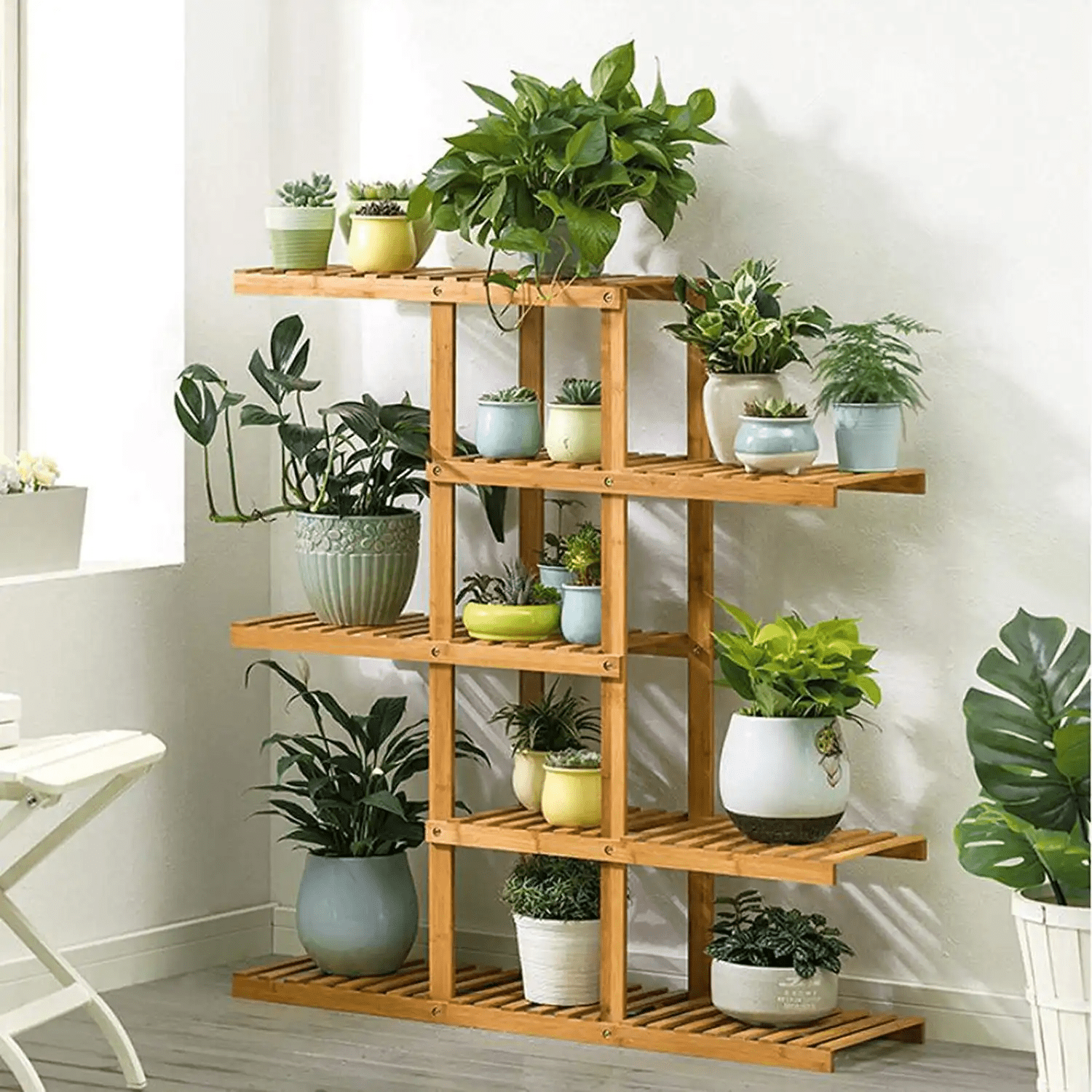 Magshion Wooden Flower Stands Plant Display Rack 5 Tier Shelf Garden