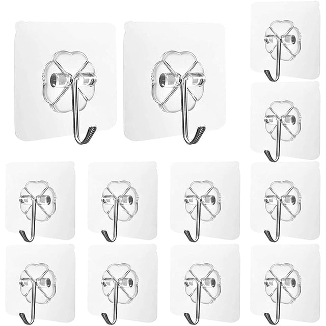 Ganchos adhesivos transparentes para colgar sin costuras en el baño, la cocina, el dormitorio y la puerta, ganchos reutilizables resistentes al agua de acero inoxidable, paquete de 12