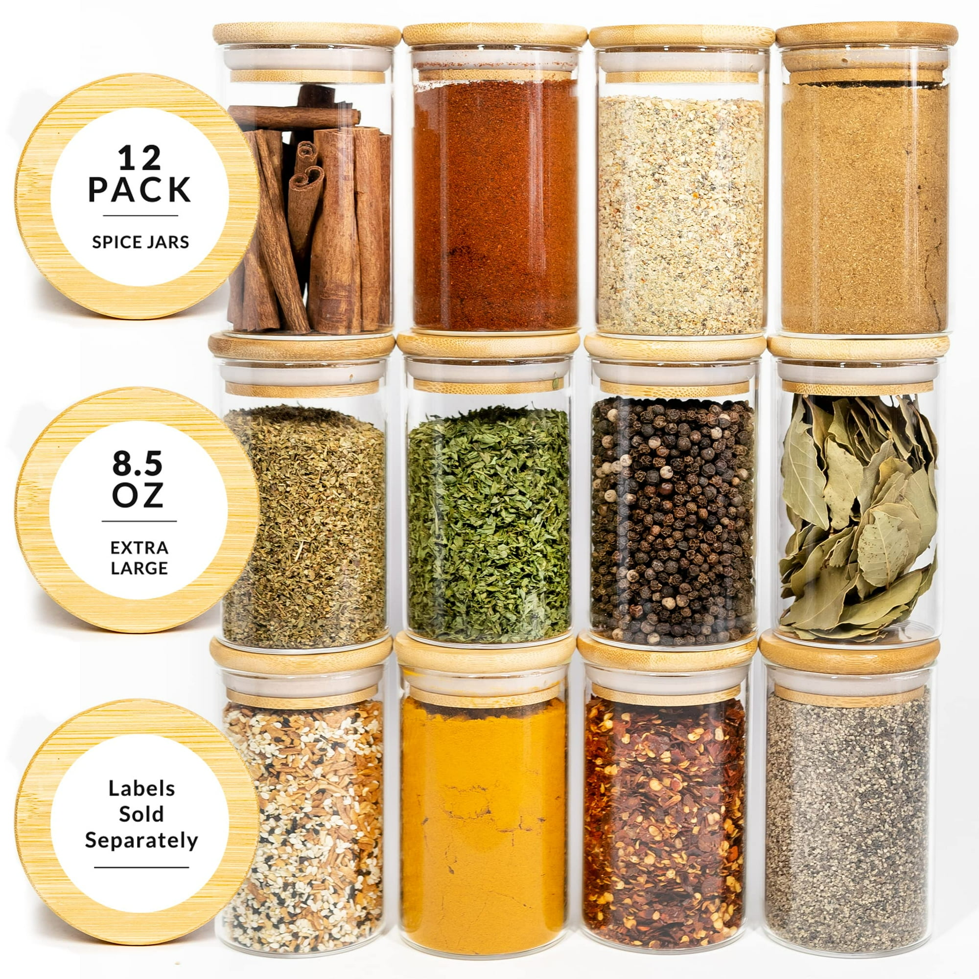 SAVVY SORTED 12 Natural Bamboo Spice Jars Large Spice Jars with Bamboo Lids Seasoning Containers Glass Jars with Airtight Lids Spice Jars Natural Bamboo Containers Kitchen Herb Pantry Jars Walmart