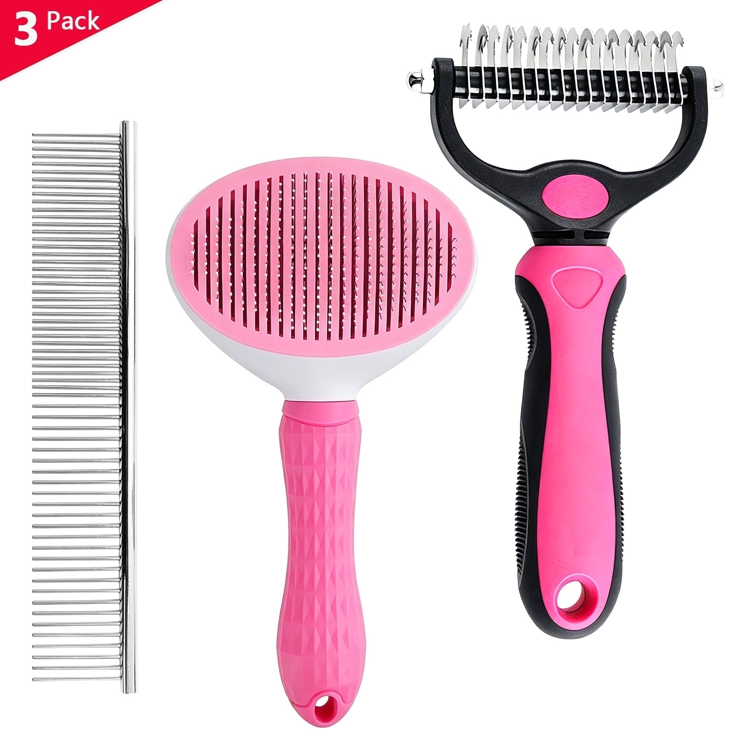 3 Pack Pet Grooming Rake, Self-Cleaning Dematting Pin Slicker Brush Comb, Deshedding Tool for Dogs and Cats, Pink