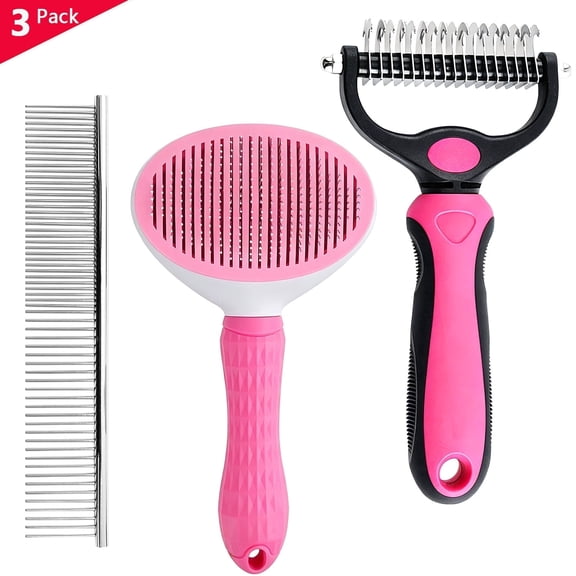 3 Pack Pet Grooming Rake, Self-Cleaning Dematting Pin Slicker Brush Comb, Deshedding Tool for Dogs and Cats, Pink