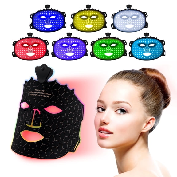 ANGAUSS 7 Color Red Light Therapy Mask,  Silicone Led Face Mask Light Therapy, Red Light Therapy for Face, Portable Light Therapy Mask for Skin Care, Ideal for Home, Travel Use (Black)
