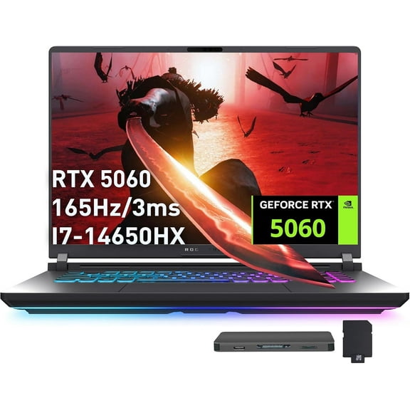 ASUS ROG Strix G16 16" FHD 165Hz Gaming Laptop, Intel i7-14650HX (Beats Intel i9-13900), 16GB DDR5, 1TB SSD, GeForce RTX 5060, Backlit Keyboard, Gray, Win 11 Pro, 1TB Docking Station Set