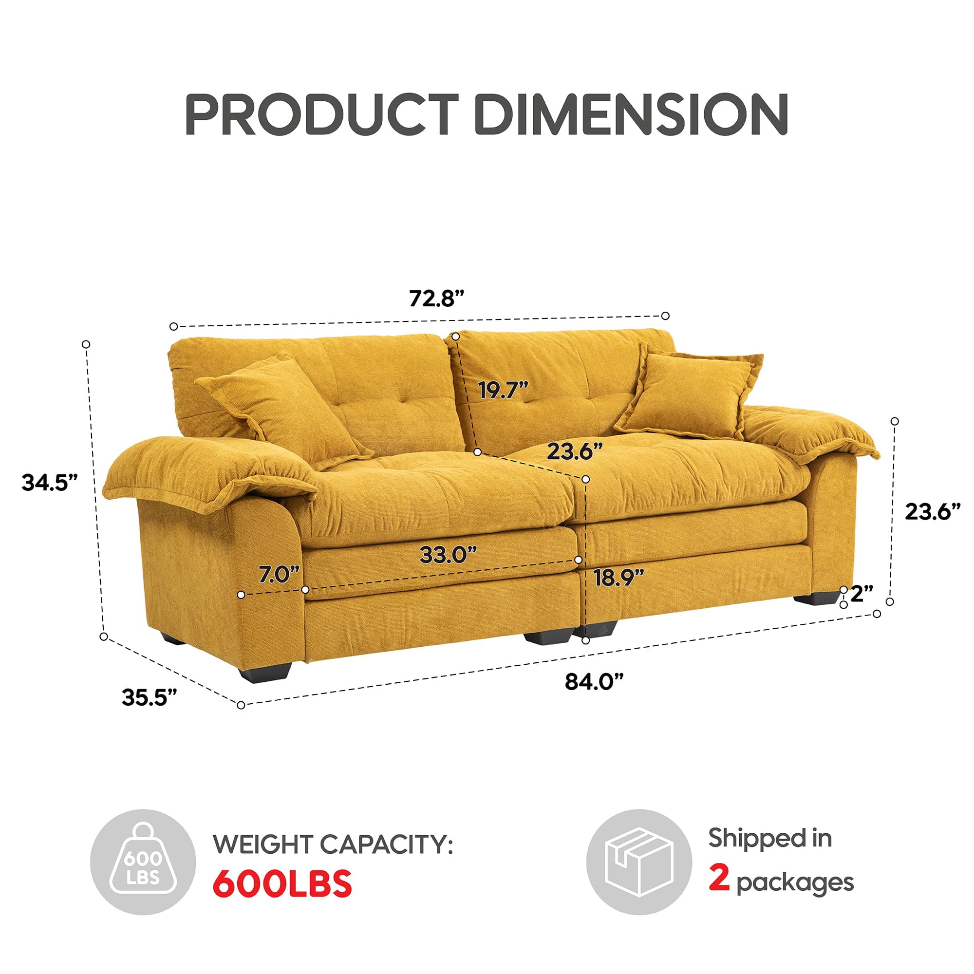 Modern 84" Chenille Loveseat Sofa, Ultra-Comfy Upholstered Couch with 2 Pillows for Apartment, Living Room, Bedroom, or Home Office​​ (Yellow)