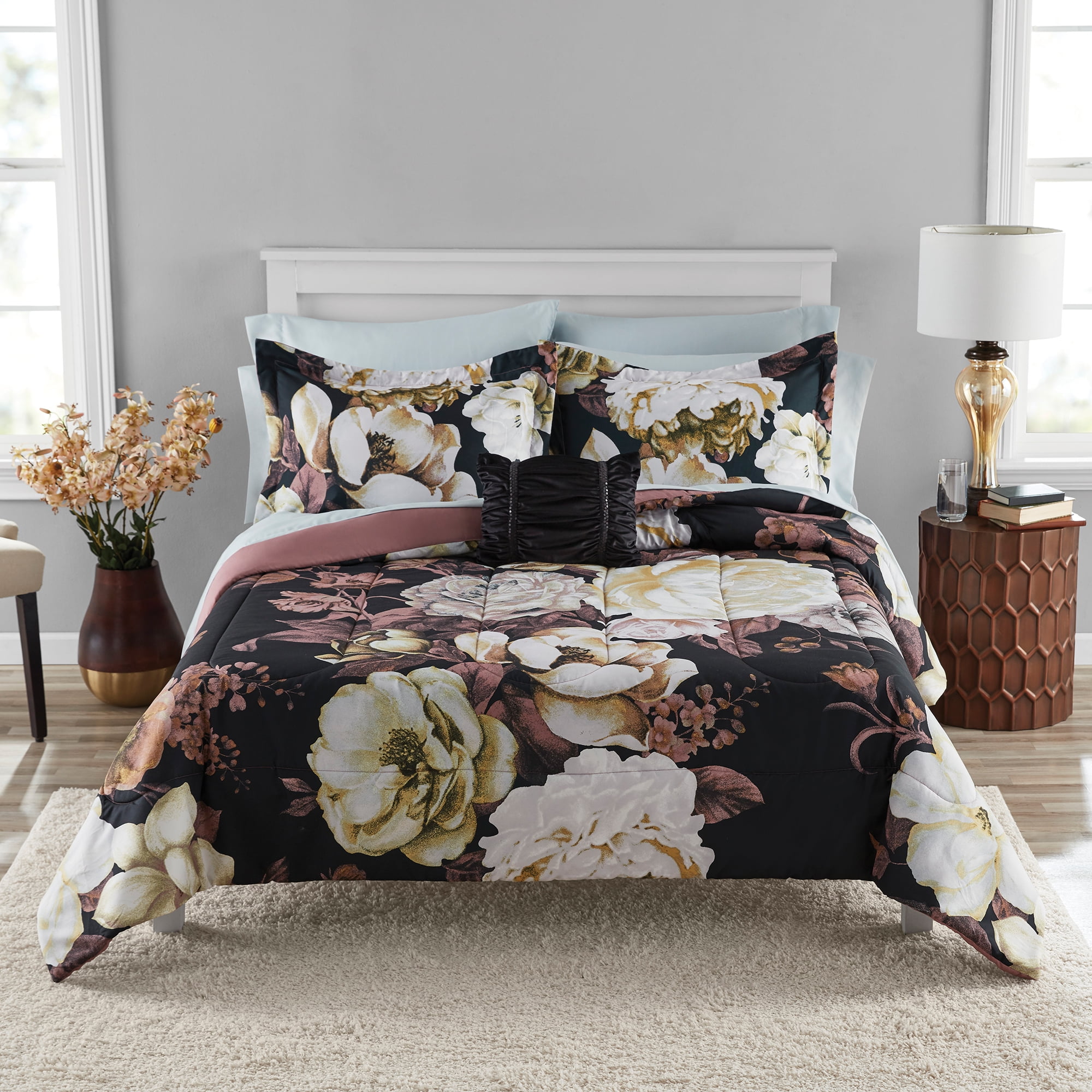 Mainstays Black Floral Bed in a Bag Coordinated Comforter Bedding Set ...