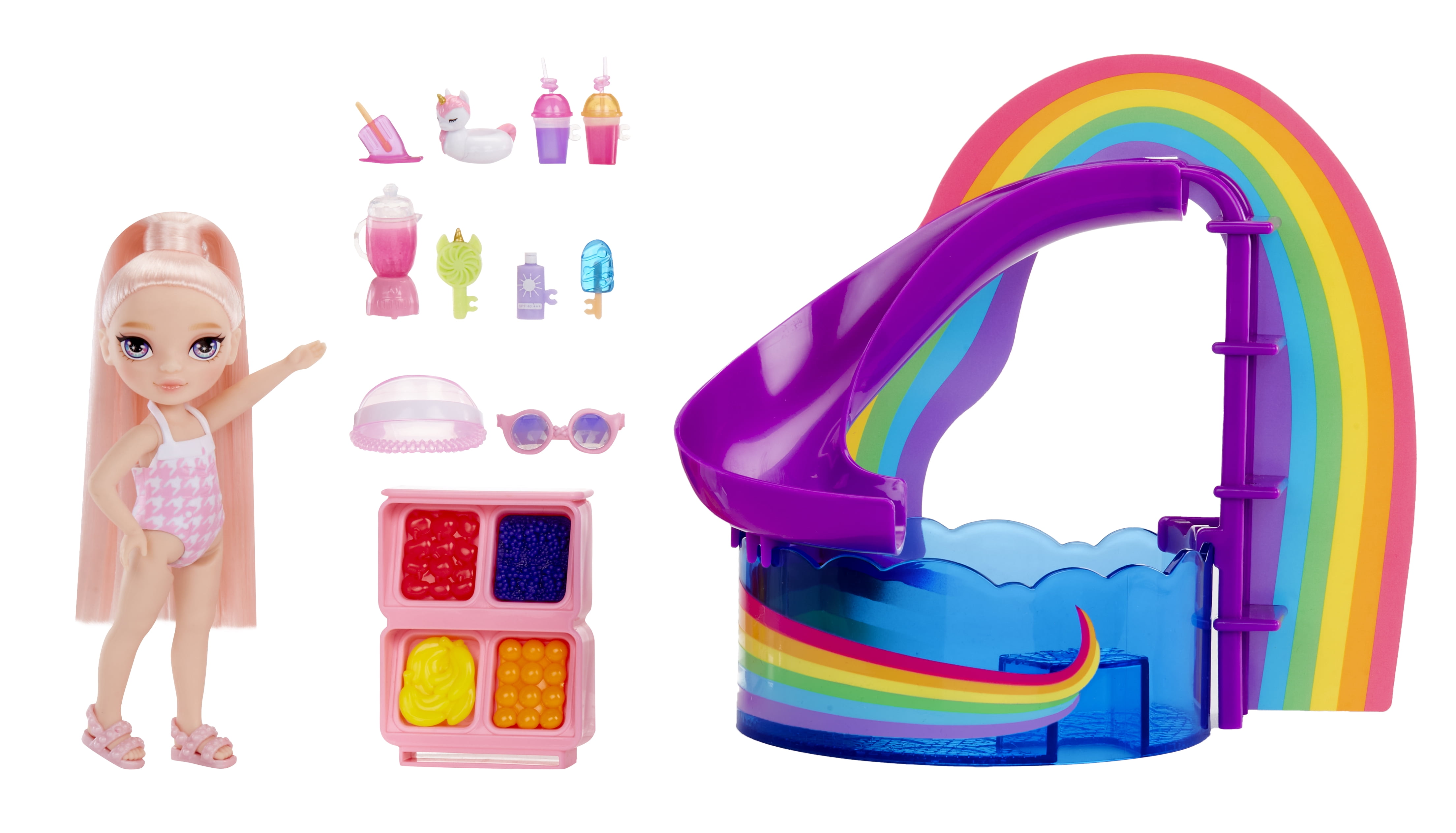 Rainbow High Littles Pool Day Playset + Small Doll (Pink 5.5”), Pool with Rainbow Slide,Kids Gift Ages 4+