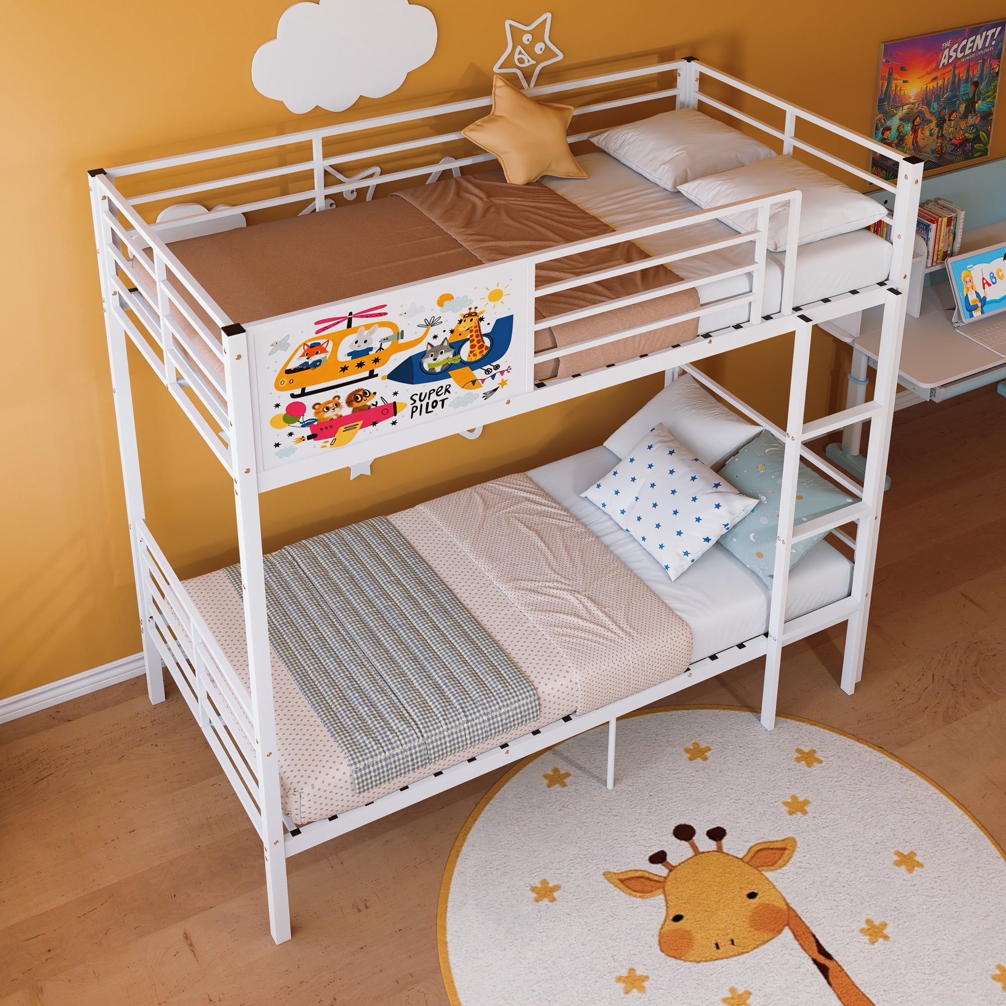 Convertible Metal Bunk Bed Separates into 2 Twin Size Beds, Heavy Duty Frame with Full-Length Guardrail and Ladder, No Box Spring Needed, White